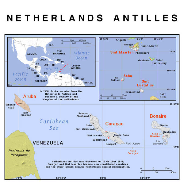 Detailed political map of Netherlands Antilles.