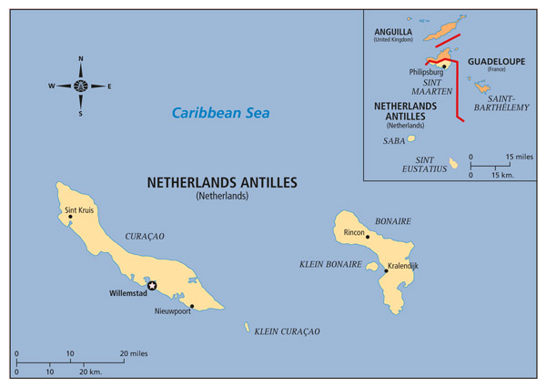 Large detailed political map of Netherlands Antilles.