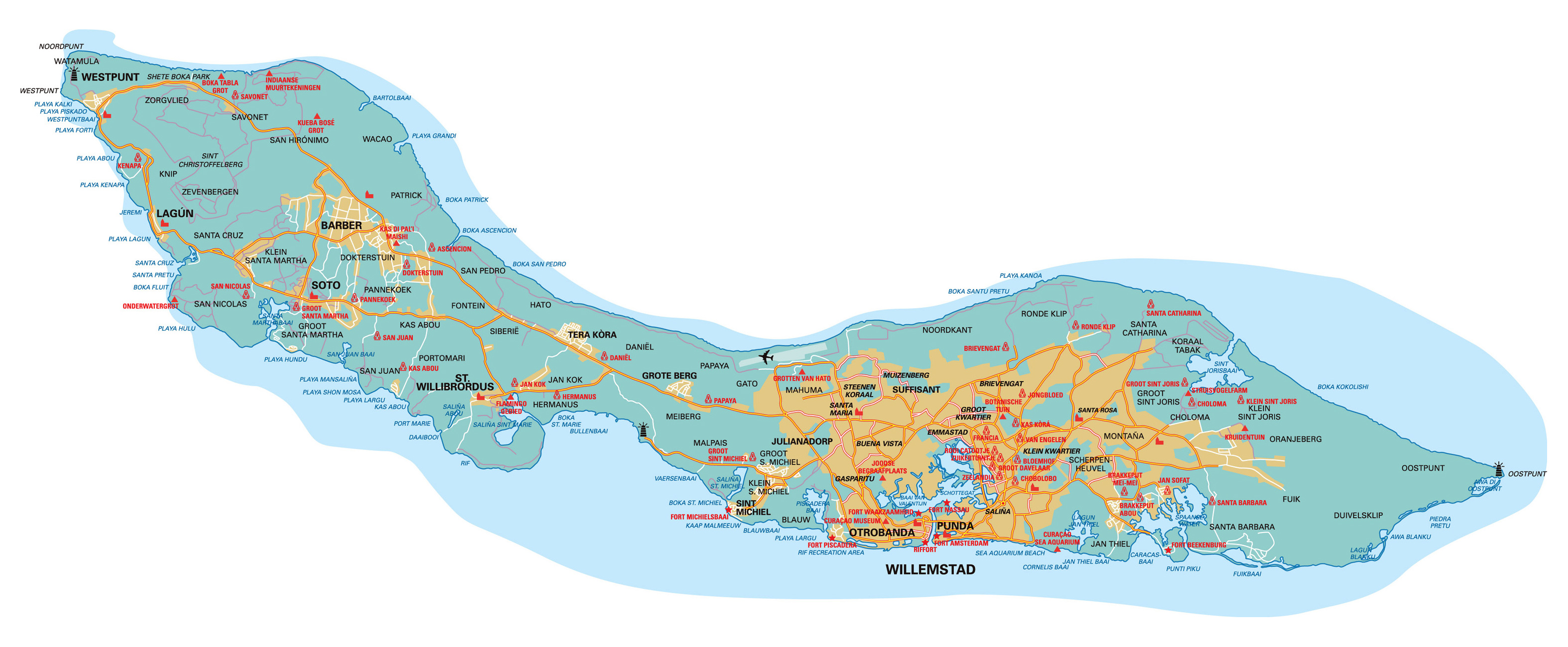 Large detailed roads map of Curacao with airport. Curacao large