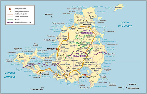 Road map of Saint Martin Island, Netherlands Antilles.