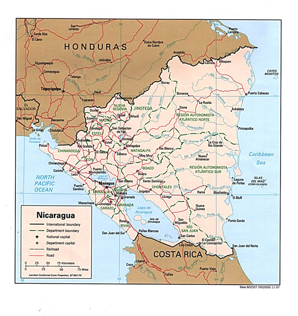 Nicaragua large detailed political map.