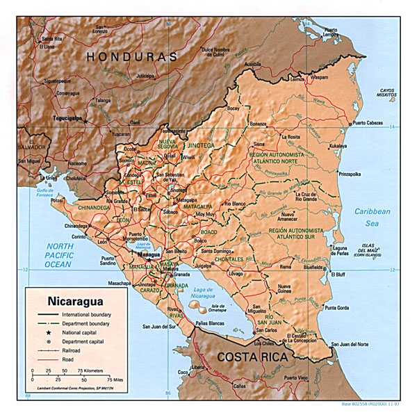 Detailed relief and political map of Nicaragua.