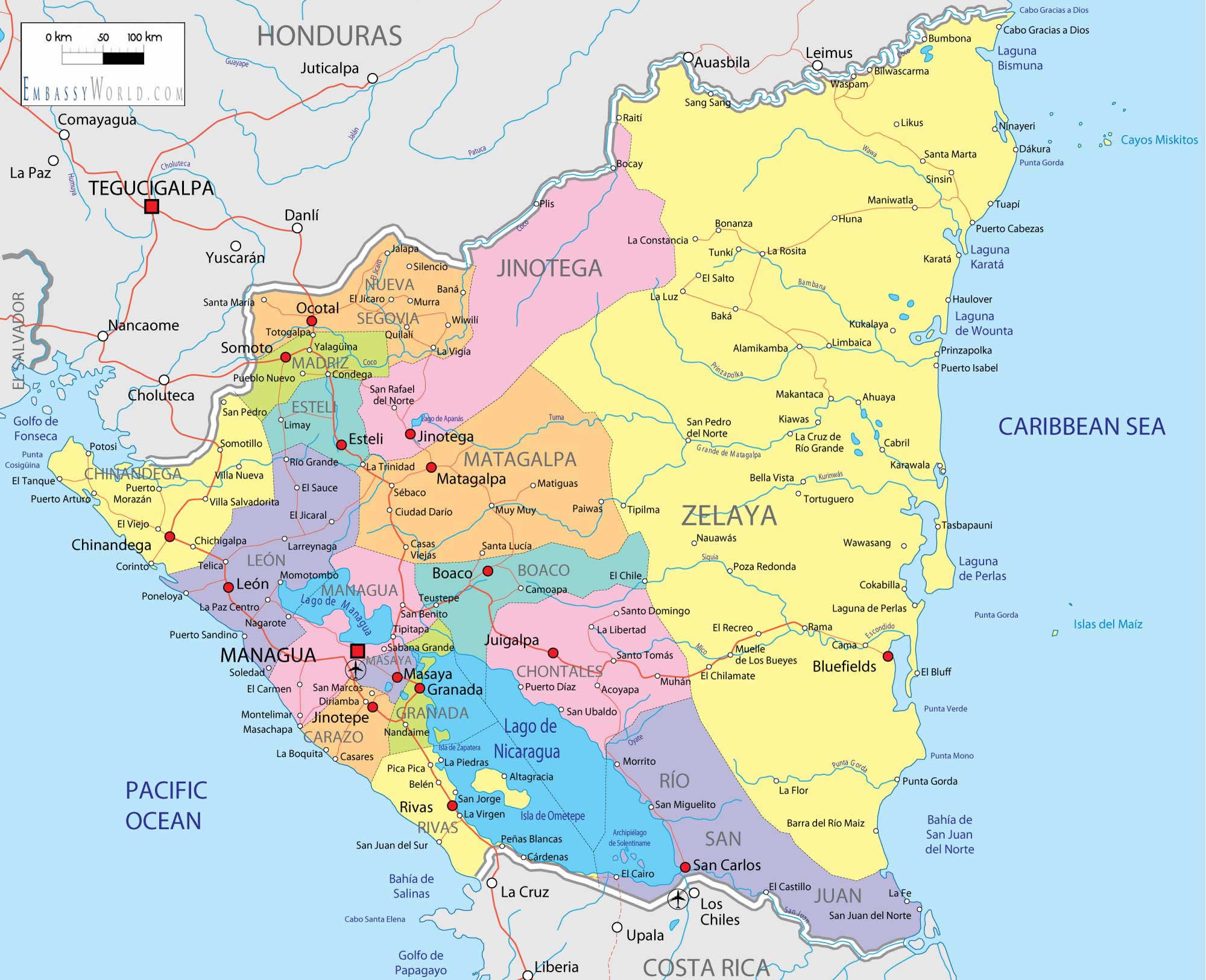 Road Map Of Nicaragua | State Map