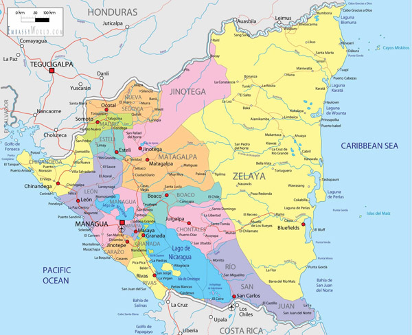 Large detailed administrative and road map of Nicaragua.