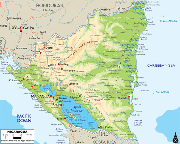 Large detailed physical map of Nicaragua with roads and cities.