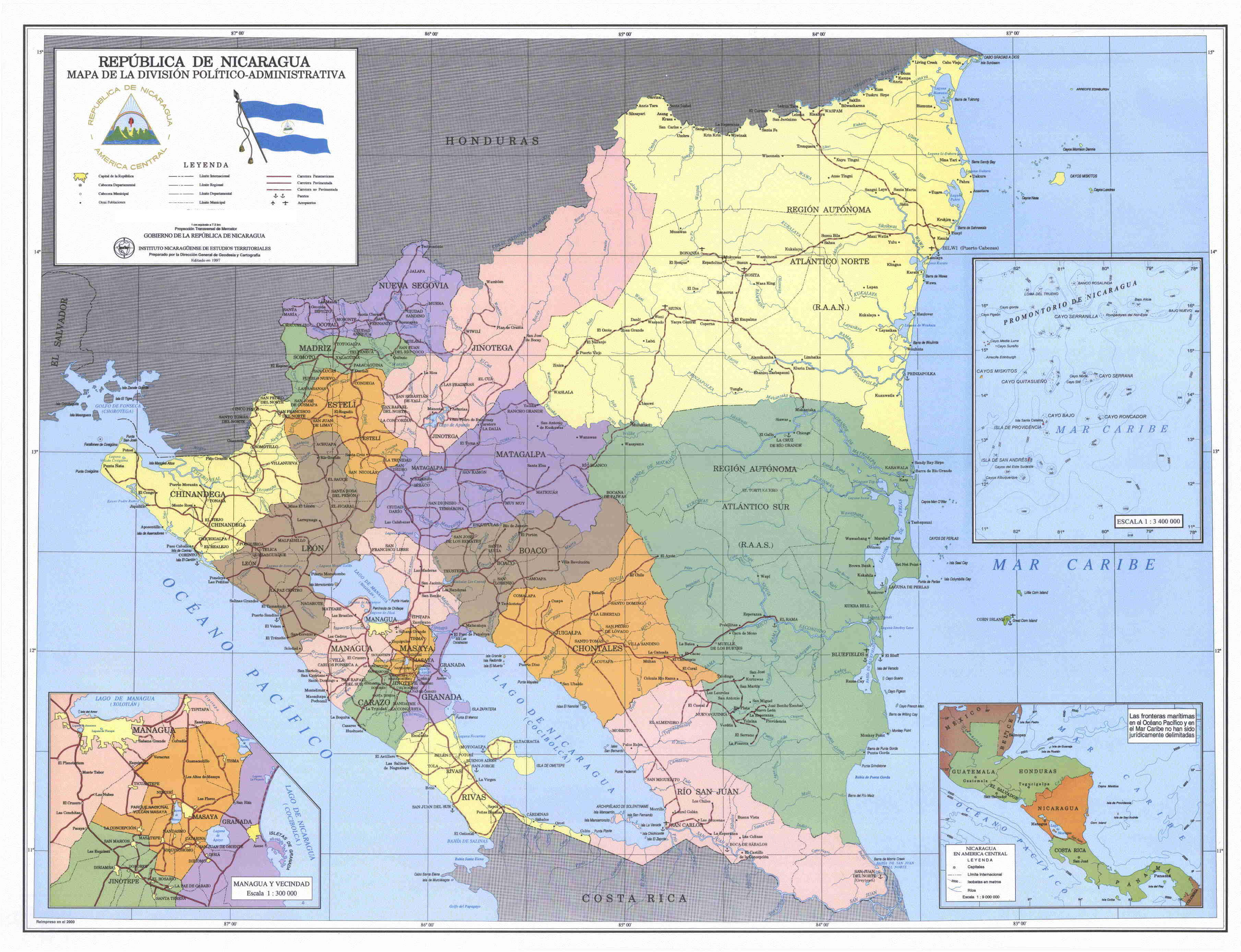 Large detailed political and administrative map of Nicaragua with roads