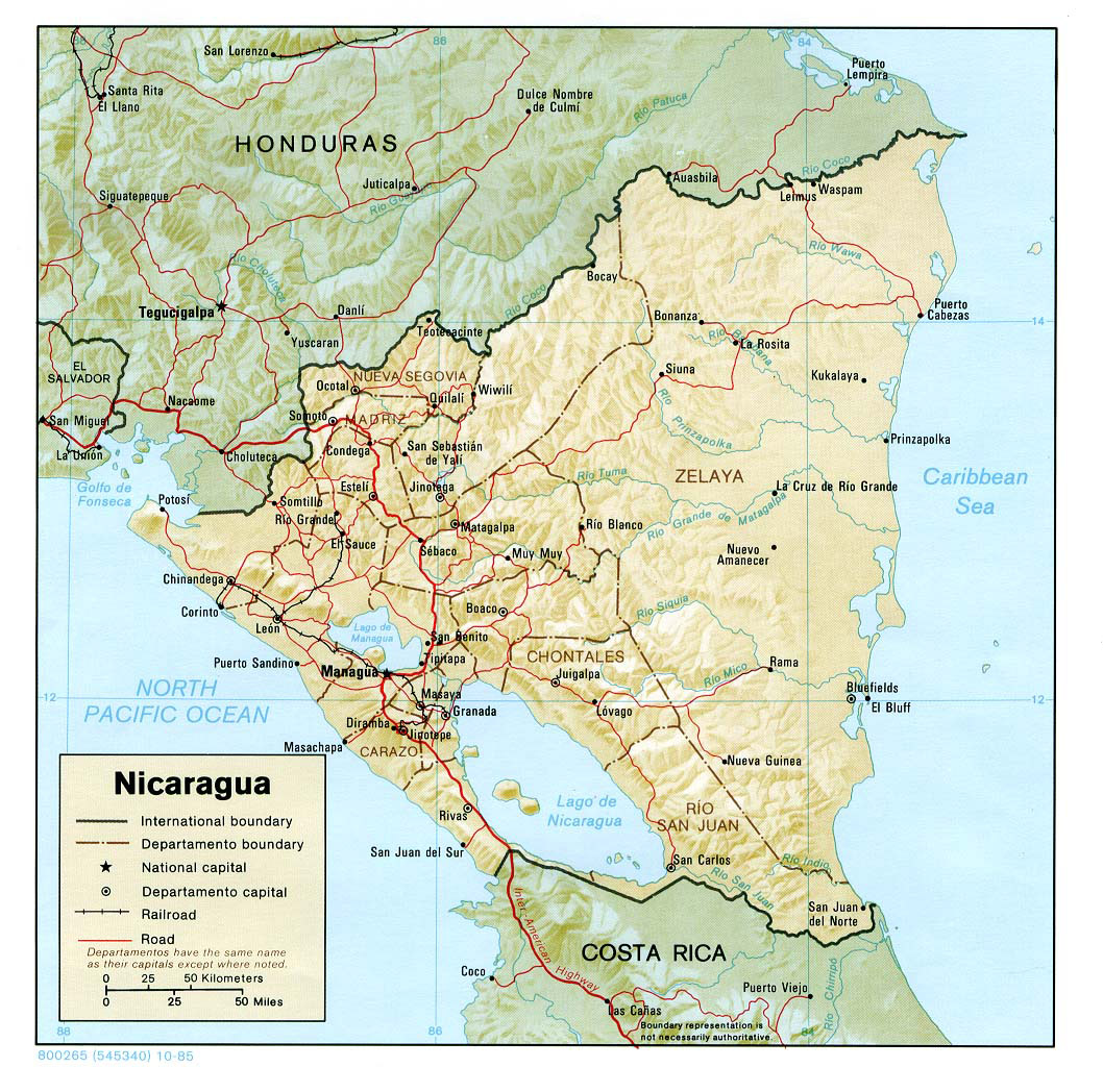 Large detailed relief and administrative map of Nicaragua. Nicaragua