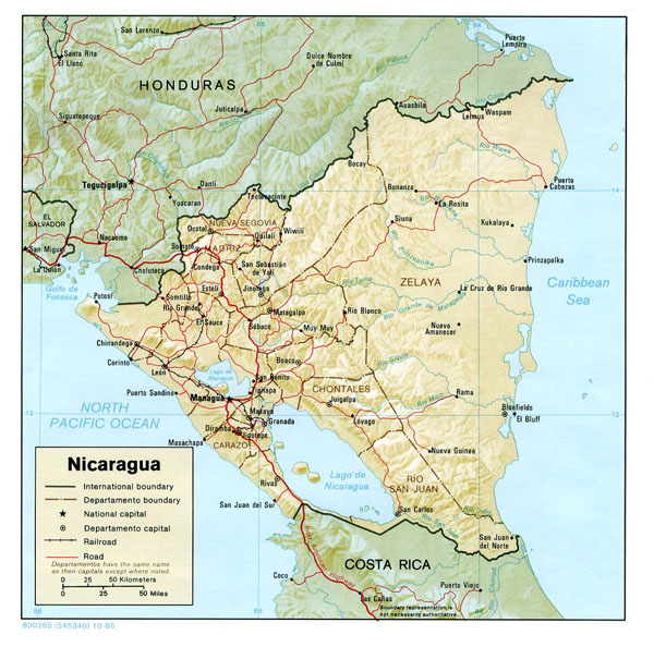 Large detailed relief and administrative map of Nicaragua.