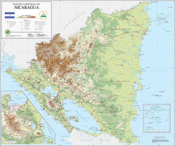 Large detailed topographical map of Nicaragua.