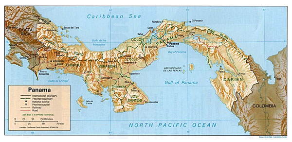 Detailed administrative and relief map of Panama.