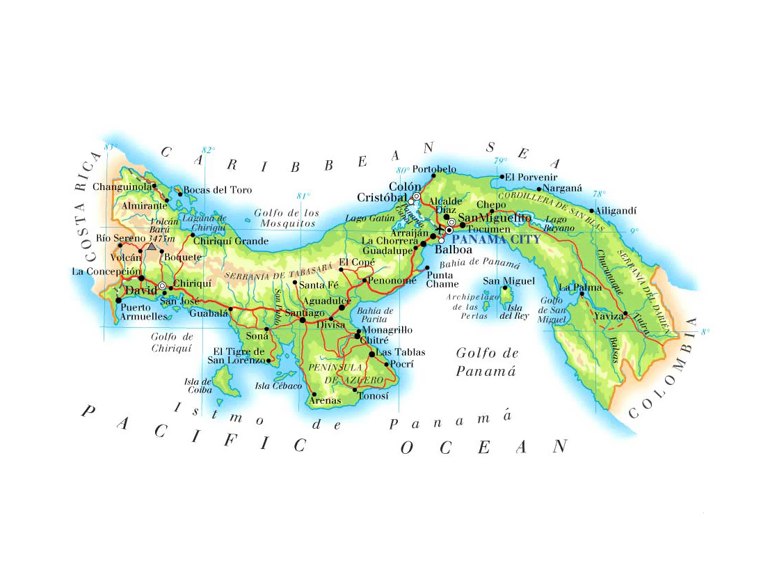 Detailed road and physical map of Panama. Panama detailed road and