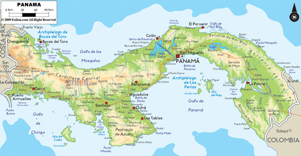 Large detailed physical map of Panama. Panama large detailed physical map.