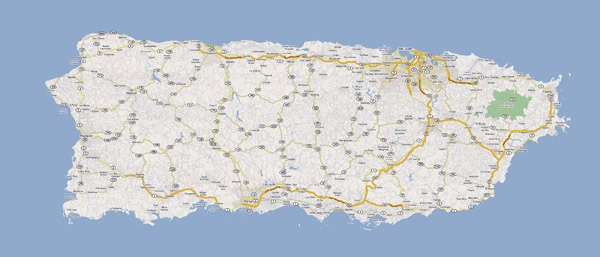 Detailed road map of Puerto Rico with cities.