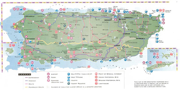 Large detailed road and tourist map of Puerto Rico.