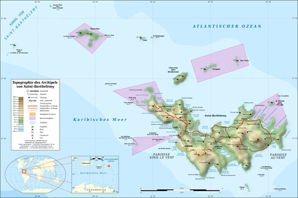 Large detailed physical and road map of Saint Barthelemy.