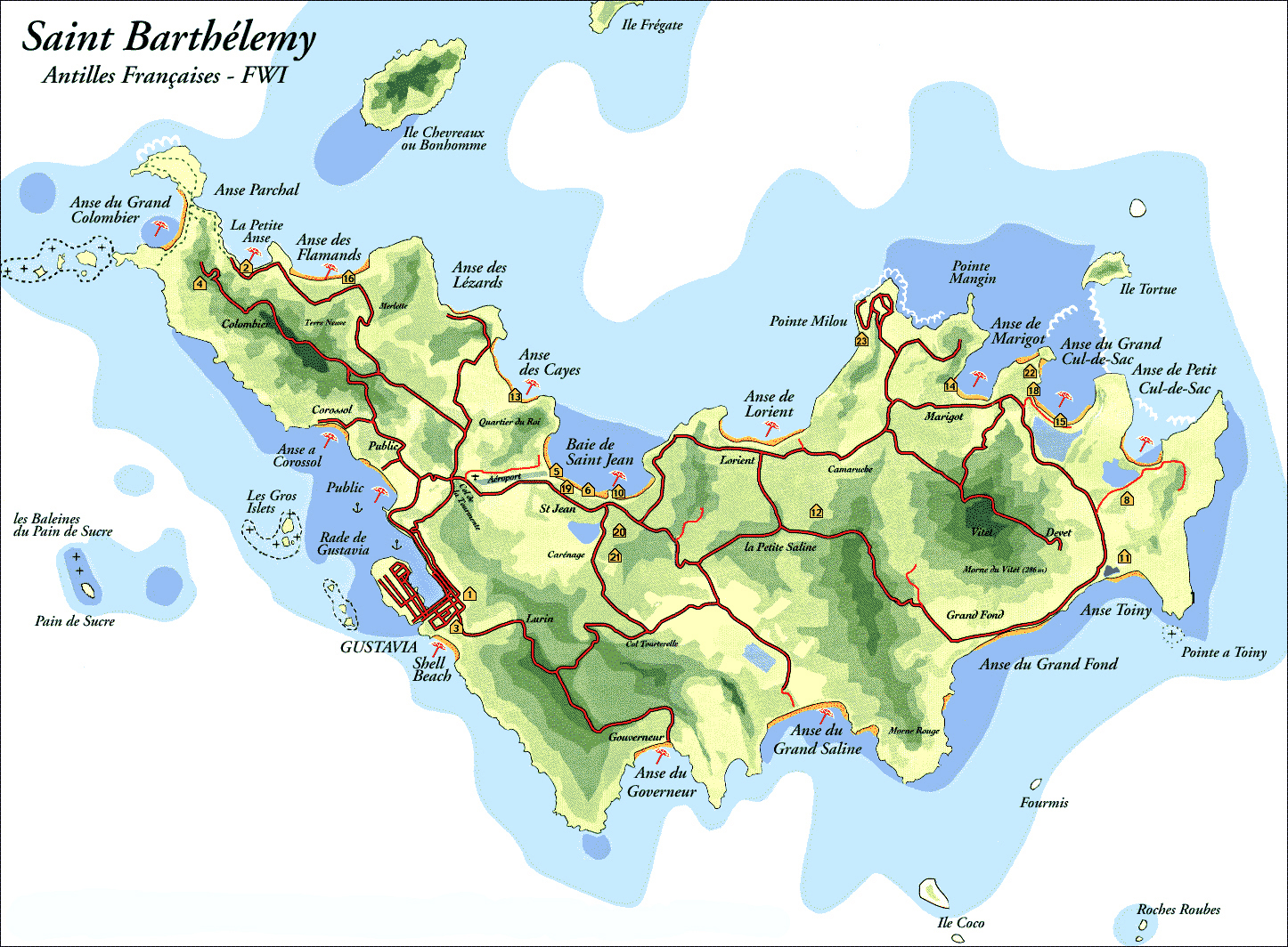Large detailed road and tourist map of St. Barthelemy island. St. Barthelemy island road and