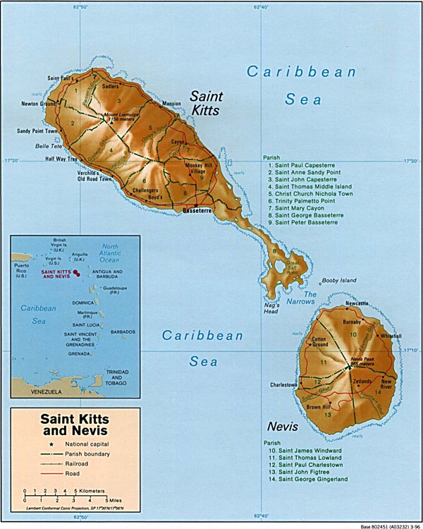 Large detailed administrative and relief map of Saint Kitts and Nevis.