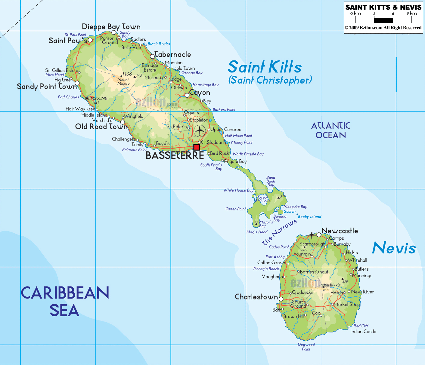 Large Detailed Physical Map Of Saint Kitts And Nevis With Roads And Cities 