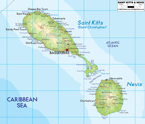 Large detailed physical map of Saint Kitts and Nevis with roads and cities.