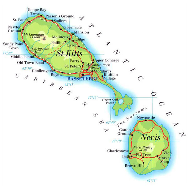 Large detailed road and physical map of Saint Kitts and Nevis islands.