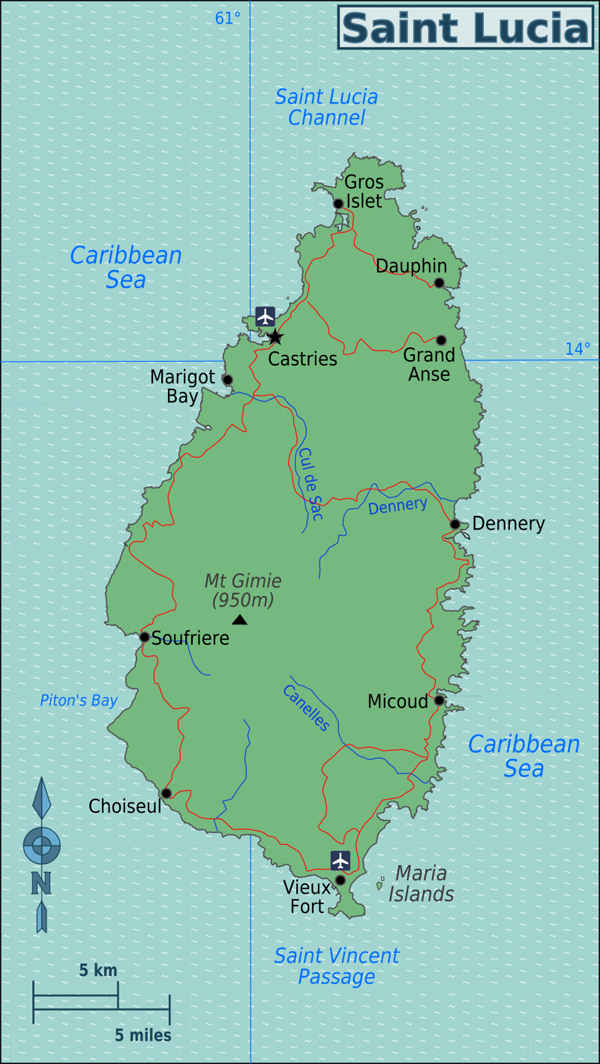 Detailed map of Saint Lucia island with cities.