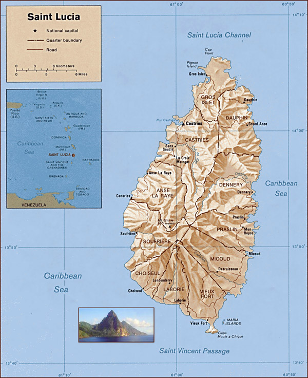 Large detailed administrative and relief map of Saint Lucia.