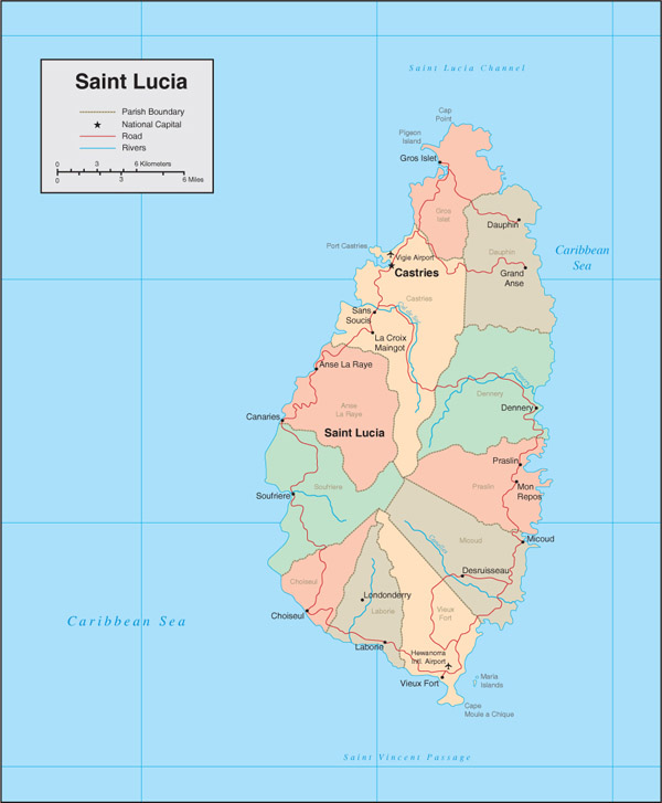 Large detailed administrative map of Saint Lucia.