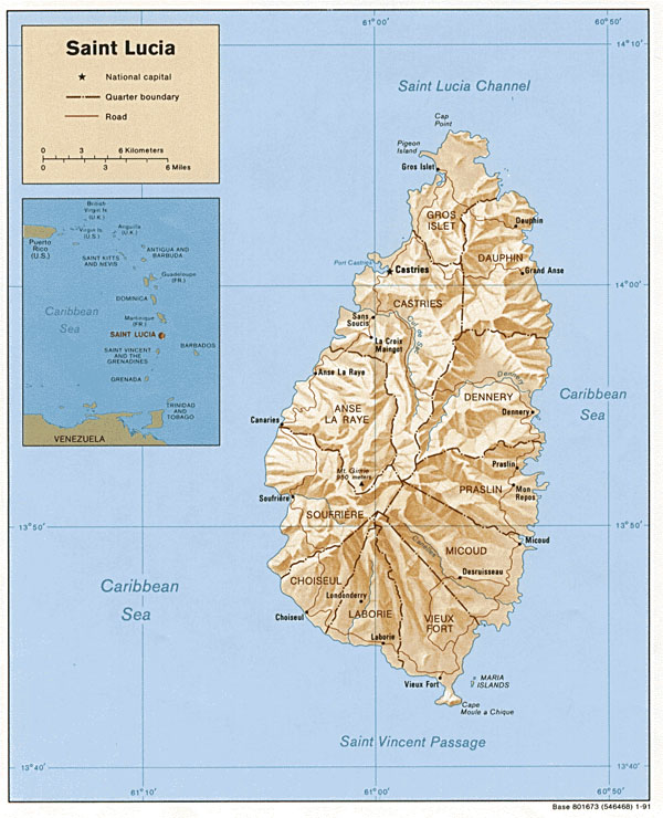 Large detailed political and relief map of Saint Lucia.