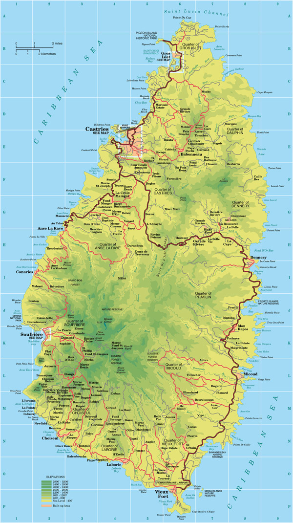 Large detailed tourist and road map of Saint Lucia.