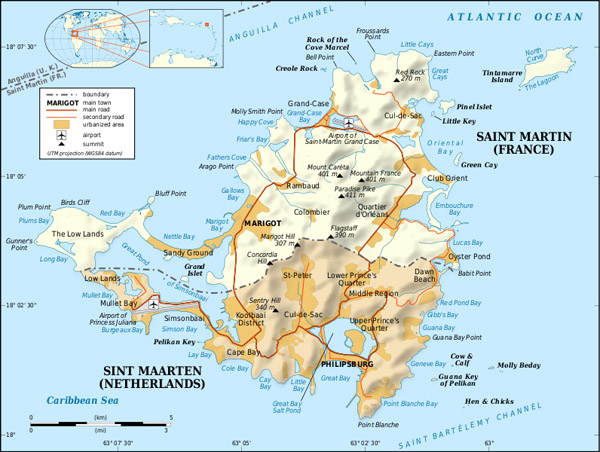 Detailed road and political map of St. Maarten.