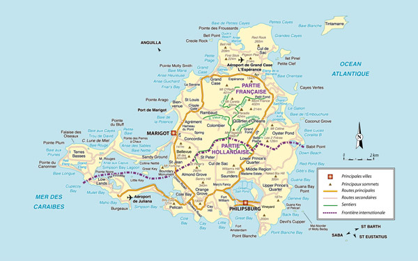 Large detailed road map of Saint Martin island.