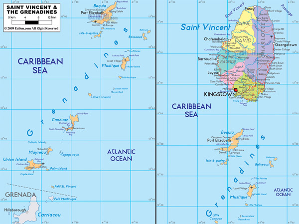 Large detailed administrative and road map of Saint Vincent and the Grenadines with cities and airports.