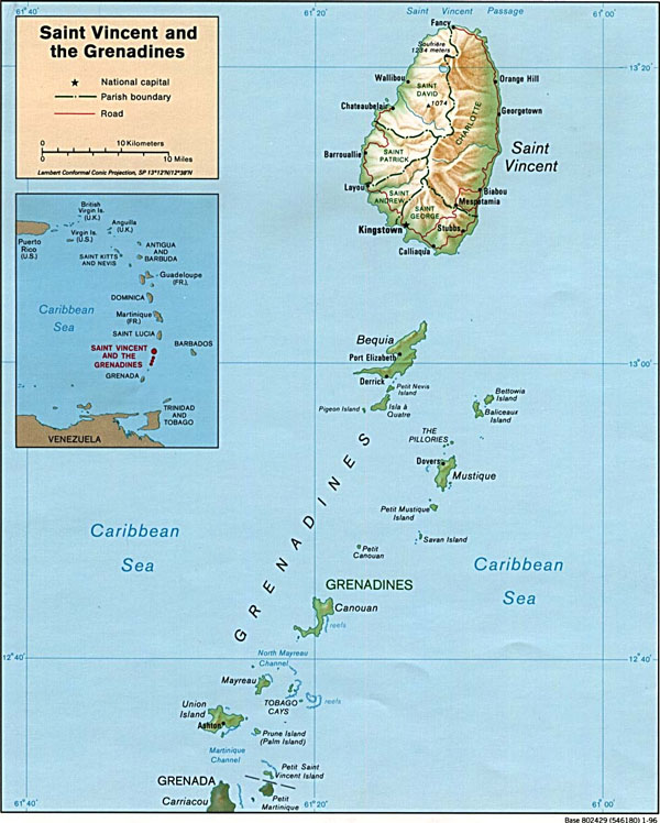 Large detailed political and relief map of Saint Vincent and Grenadines.