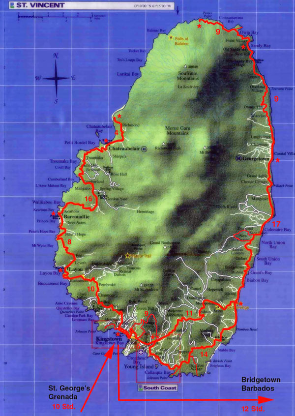 Large detailed relief map of Saint Vincent island with roads.