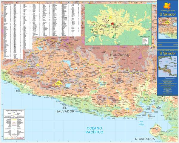 Large detailed physical and topographical map of El Salvador with roads and cities.