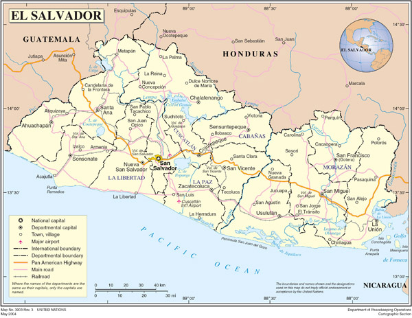 Large detailed political map of El Salvador with roads and cities.