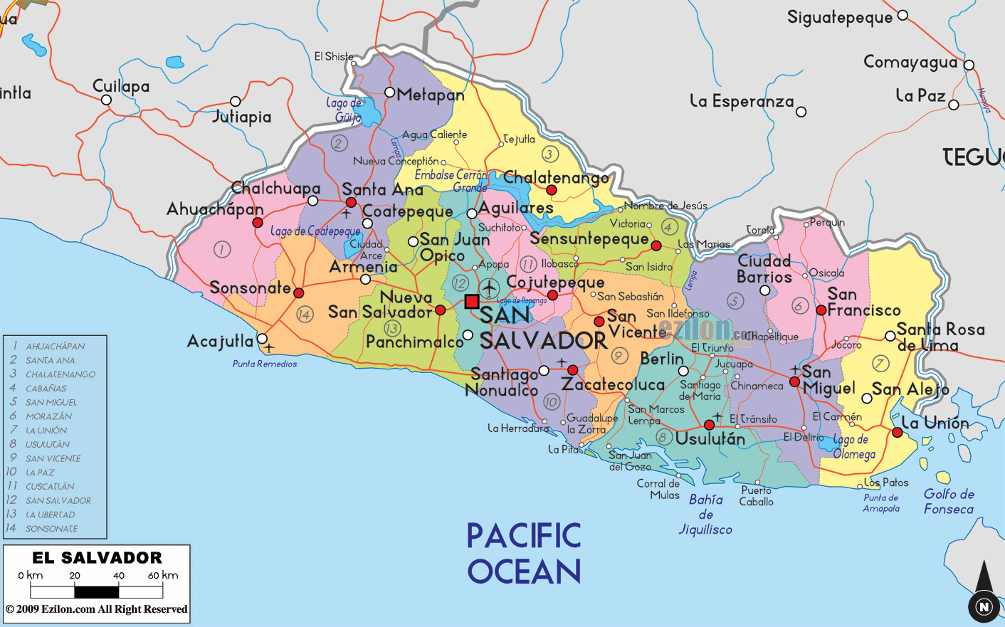 Large Detailed Road And Administrative Map Of El Salvador El Salvador 