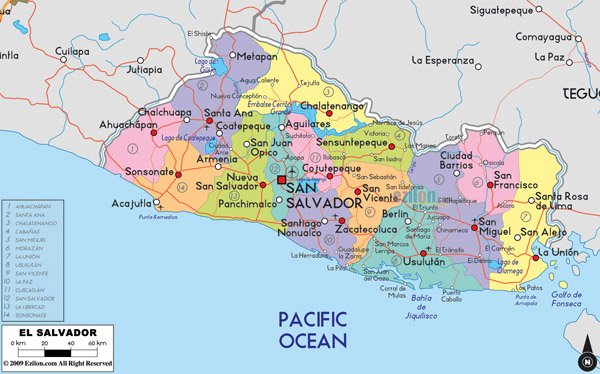 Large detailed road and administrative map of El Salvador.