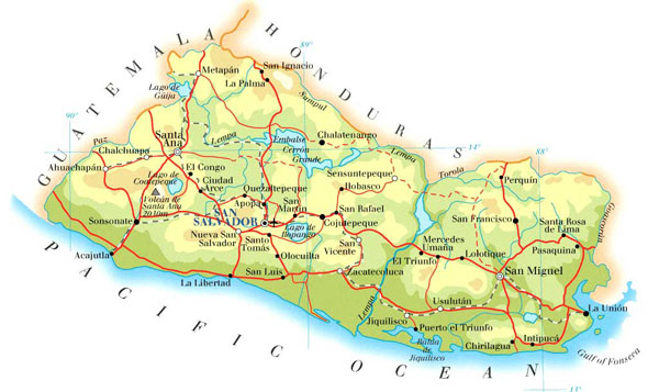 Large detailed road and physical map of El Salvador.