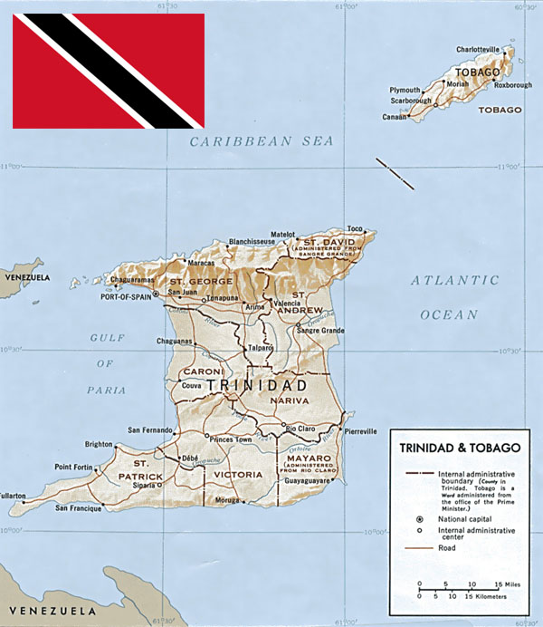 Administrative and relief map of Trinidad and Tobago.