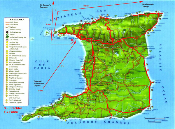 Detailed tourist and relief map of Trinidad island.