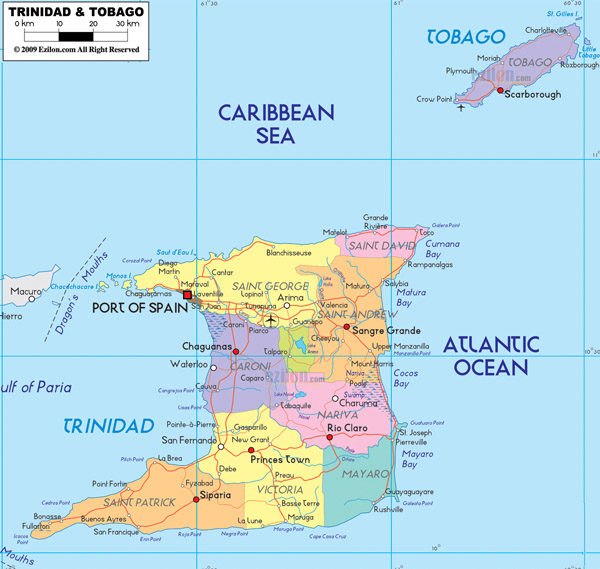 Large detailed administrative map of Trinidad and Tobago with cities and roads.