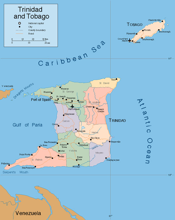 Large detailed political map of Trinidad and Tobago with roads and airports.