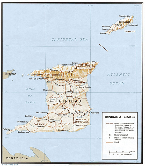 Large detailed relief and administrative map of Trinidad and Tobago.