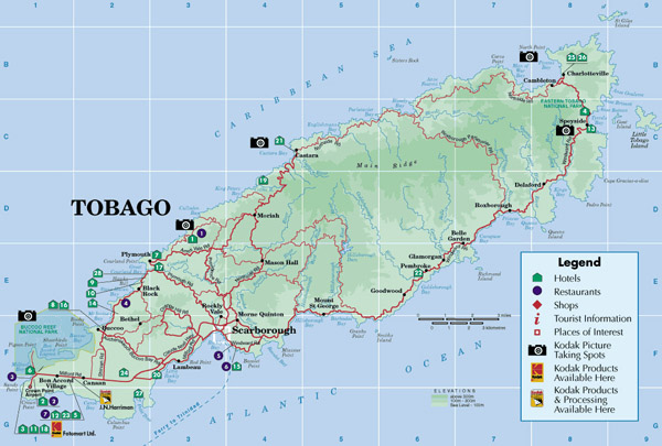 Large detailed road and tourist map of Tobago island.