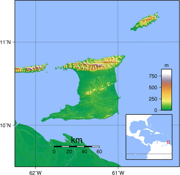 Large detailed topographical map of Trinidad and Tobago.