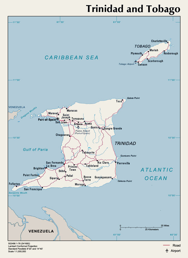 Trinidad and Tobago detailed political map with cities and roads.