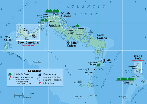 Detailed tourist map of Turks and Caicos Islands.