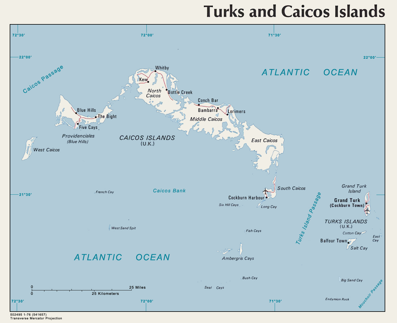 Large detailed map of Turks and Caicos Islands with roads and airports