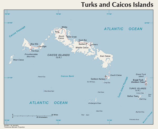 Large detailed map of Turks and Caicos Islands with roads and airports.